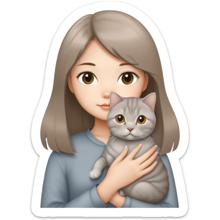 Chinese girl with light brown half long hair holding a British shorthair silver cat sticker