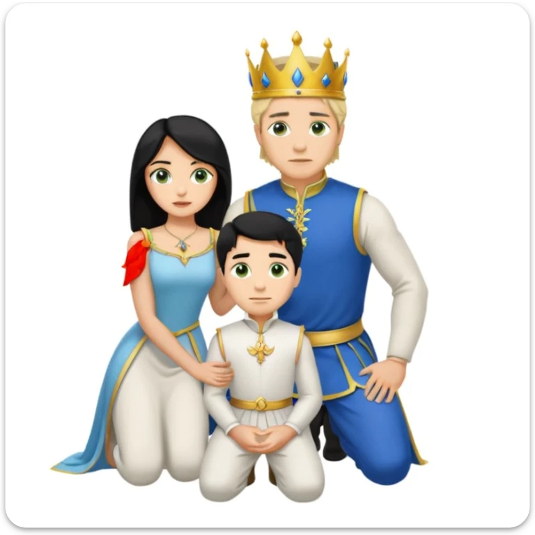 Man as king, standing, black Hair, blue eyes, woman, blonde, green eyes, shott white sleveless Dress, kneeling, background palace sticker