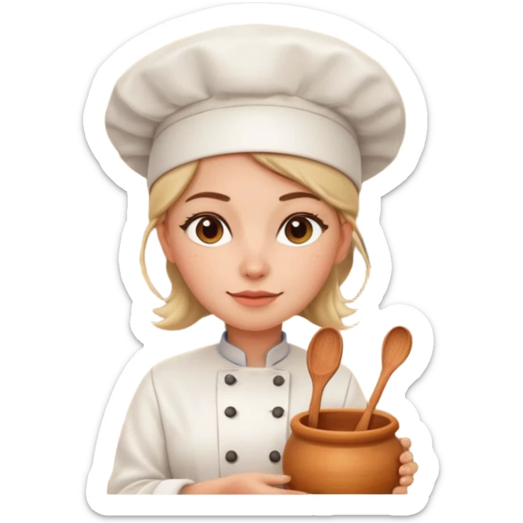 cartoon Apple iOS emoji style woman, pastel colors, Chilean wooden kitchen background, clay pots, warm light, detailed and clean vector art sticker