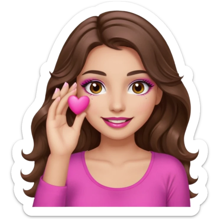 girl with long wavy brown hair, brown eyes, long lashes makeup, sexy pink lips, light to medium complexion, pink sexy top, smiling, hand covering eyes sticker