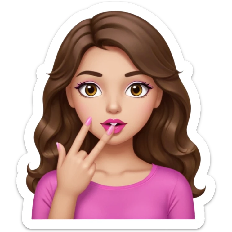 girl with long wavy brown hair, brown eyes, light to medium complexion, in a pink sexy top, pink lips, long lashes, shushing sticker