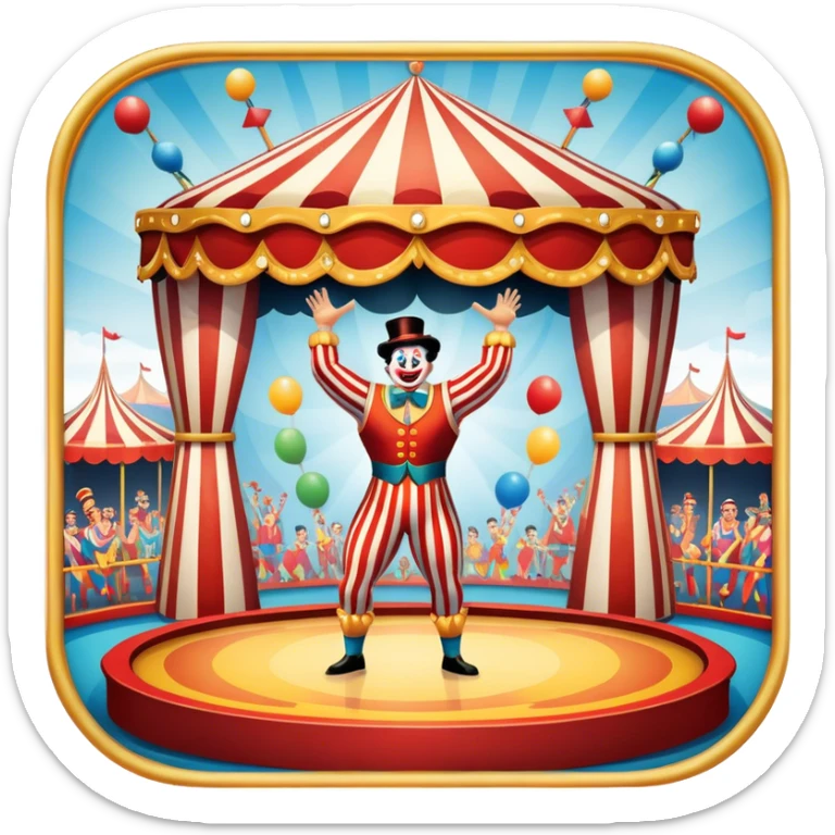 Icon for Circus Arts: a grand vibrant round circus arena with a strongman in a striped costume,  juggler and a clown performing. The icon should convey the excitement and fun of circus performances, with focus on the performers and the colorful setting. Transparent background. sticker