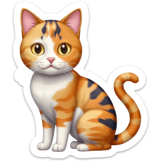 full body colourful calico tabby cat with disproportioned head with an anxious face and white front legs sticker