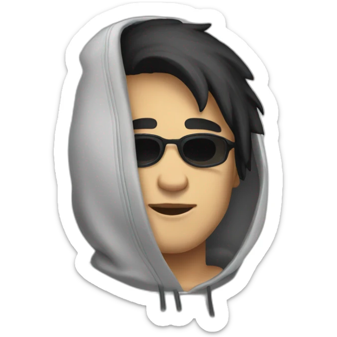 A human being who looks like a hacker who has black hairs and a hoodie sticker