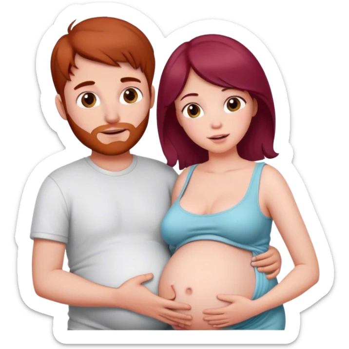 Beautiful burgundy haired pregnant girl with boyfriend holding stomach sticker