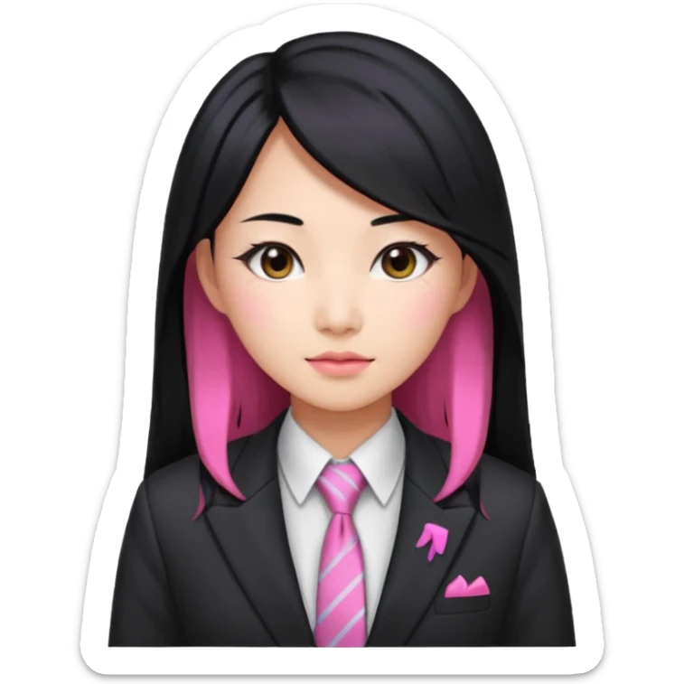 long black haired pink hair asian woman with tie and blazer sticker
