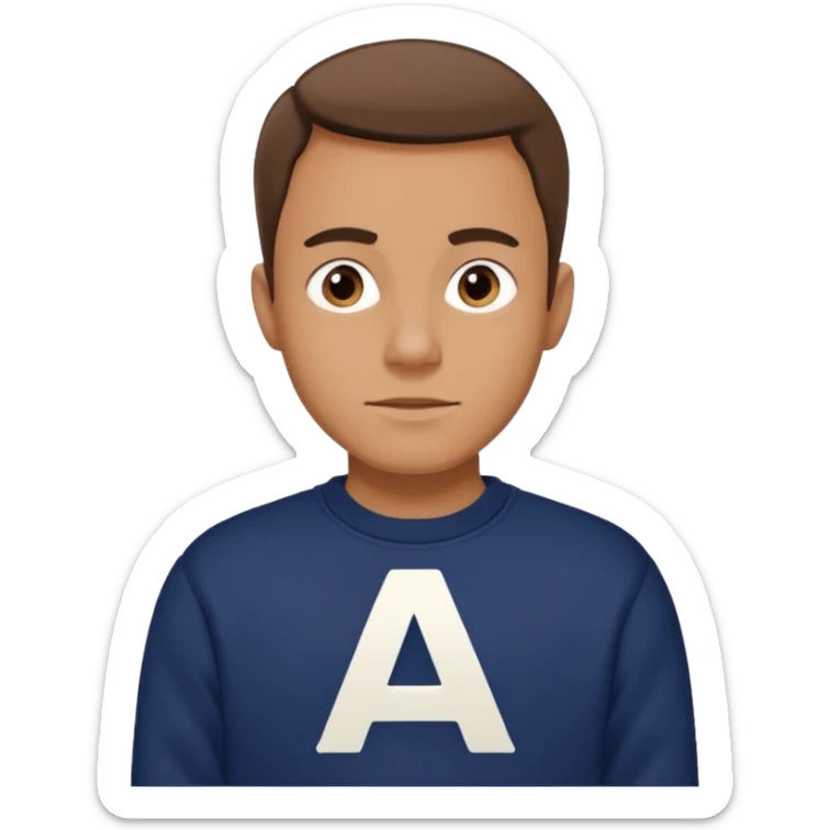 man wearing a navy sweatshirt with a giant white letter A on the upper right of the chest sticker