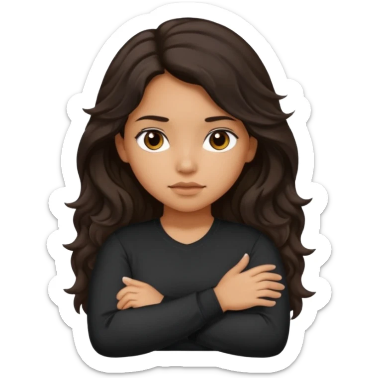 Hispanic girl with dark long wavy hair crossing her arms with slight pout wearing a black long sleeve shirt sticker