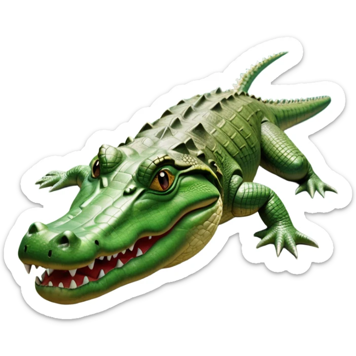 cinematic-crocodile-realistic-full-body-on all fours-emoji,-massive-scaled-body-partially-submerged-in-shallow-water,-head-tilted-dramatically,-rough-green-and-brown-hide-textured-with-deep-ridges,-simplified-yet-realistic-focused-features, head held high sticker