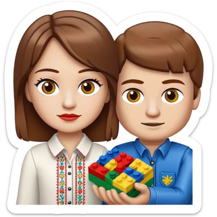 a Ukrainian girl with brown hair in an embroidered shirt and a Ukrainian boy in an embroidered shirt and Lego bricks sticker