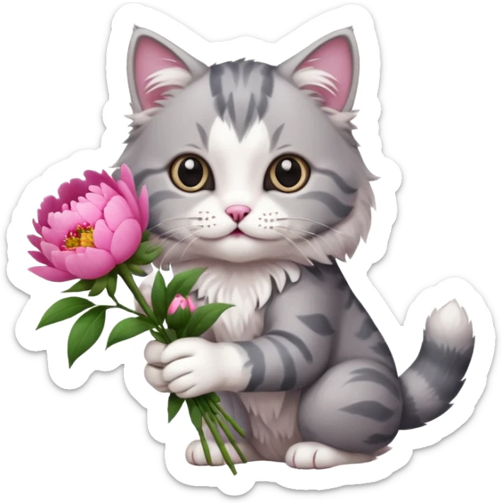 Cute cat Handing pink peonies like reaching a hand and handing them out a bouquet of them not a physical hand the cats hand  make the cat fluffy and grey and white fluffier fluffier  sticker