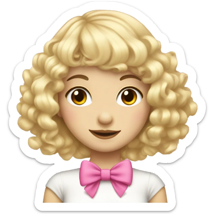 Blonde pale girl with bangs and pink bows in her curly, long hair  sticker