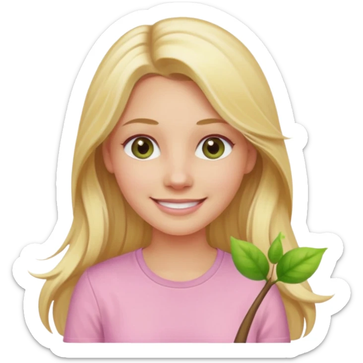 blonde with long hair and swamp-colored eyes, wearing a pastel pink shirt, smiling, iOS Apple emoji style sticker