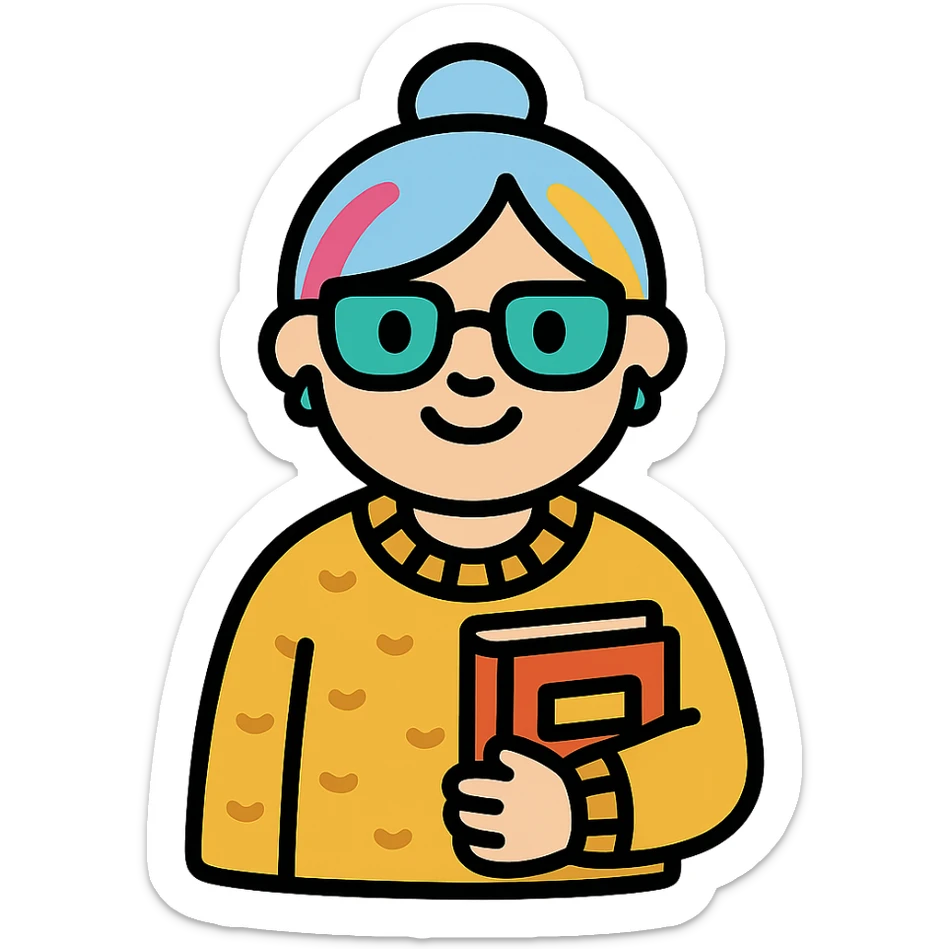 Gen Z style librarian granny with colorful hair streaks, trendy glasses, oversized sweater, holding a book, color outline icon sticker