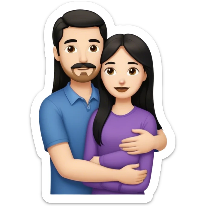 a short white girl with long black hair hugging a tall white guy with brown hair goatee mustache sticker
