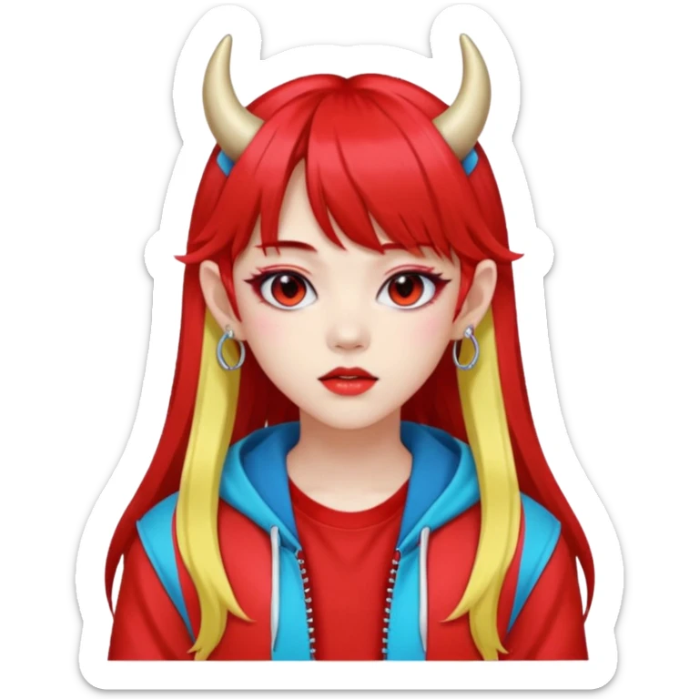  portrait-of-a-red devil-k-pop-idol,-wearing-a-stylish-streetwear-outfit-with-layered-colorful-clothing,-long-hair-with-bangs,-makeup,- sticker