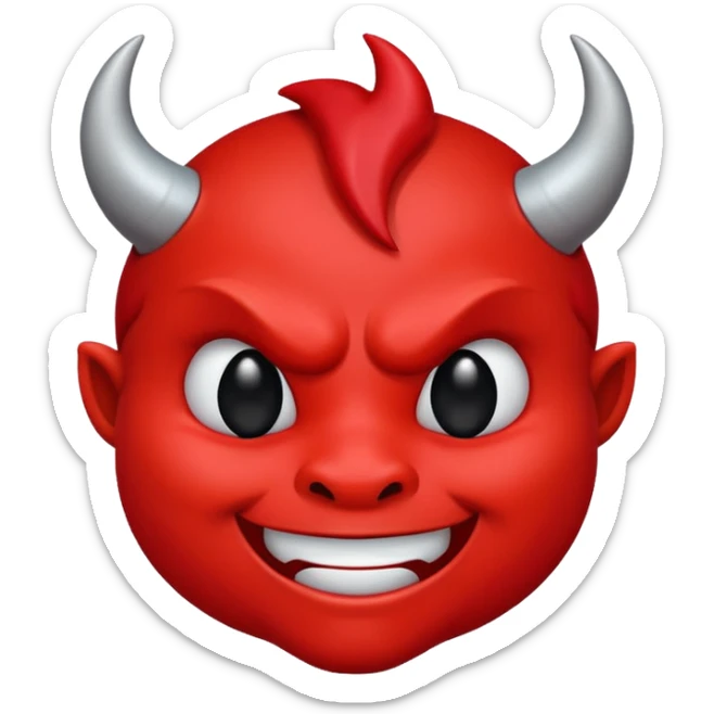 CARTOON STYLE EMOJI of a RED DEVIL FACE with small HORNS pointing up, BLACK EYES, and a MISCHIEVOUS SMILE. The entire face is RED with a smooth glossy texture. BACKGROUND is PURE WHITE, clean and simple. sticker