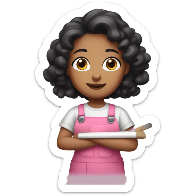 A painter woman with long black curly hair, brown eyes, wearing a pink overall and a paint palette in her hand sticker