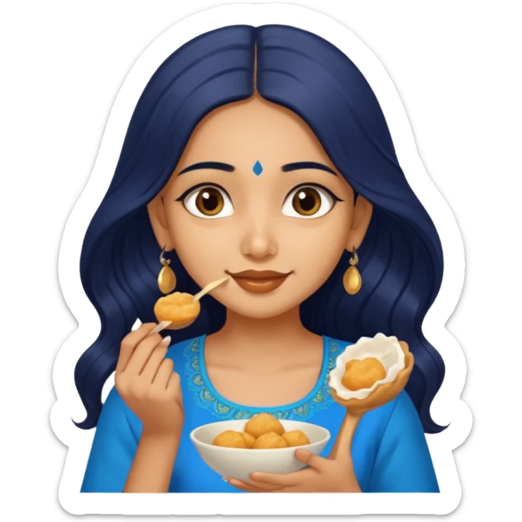 a pretty tan indian bratz girl. eyeliner on, wearing a blue kurti, eating golgappa. NO SPOON. wavy long BLACK coloured hair sticker