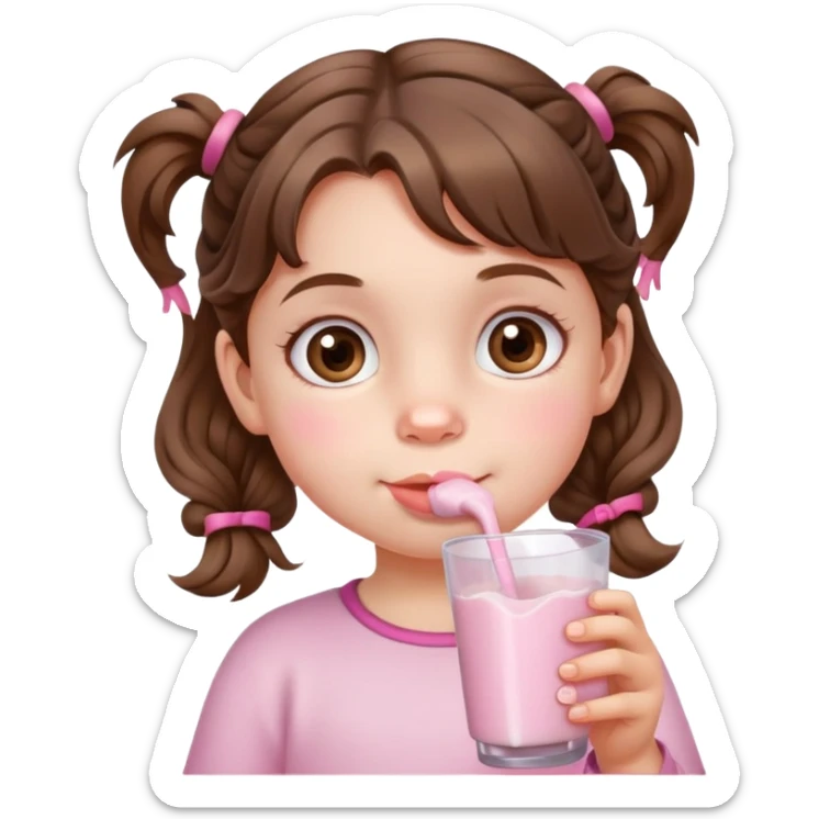 A little girl brown short wavy hair in pig tails with hazel eyes drinking pink milk sticker