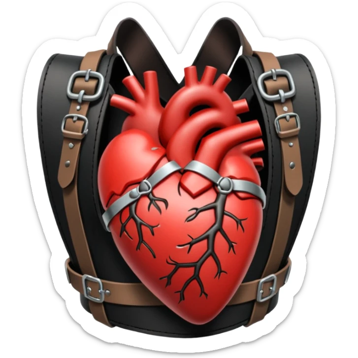 Human heart wrapped in tight leather straps, metal buckles, fetish gothic aesthetic sticker