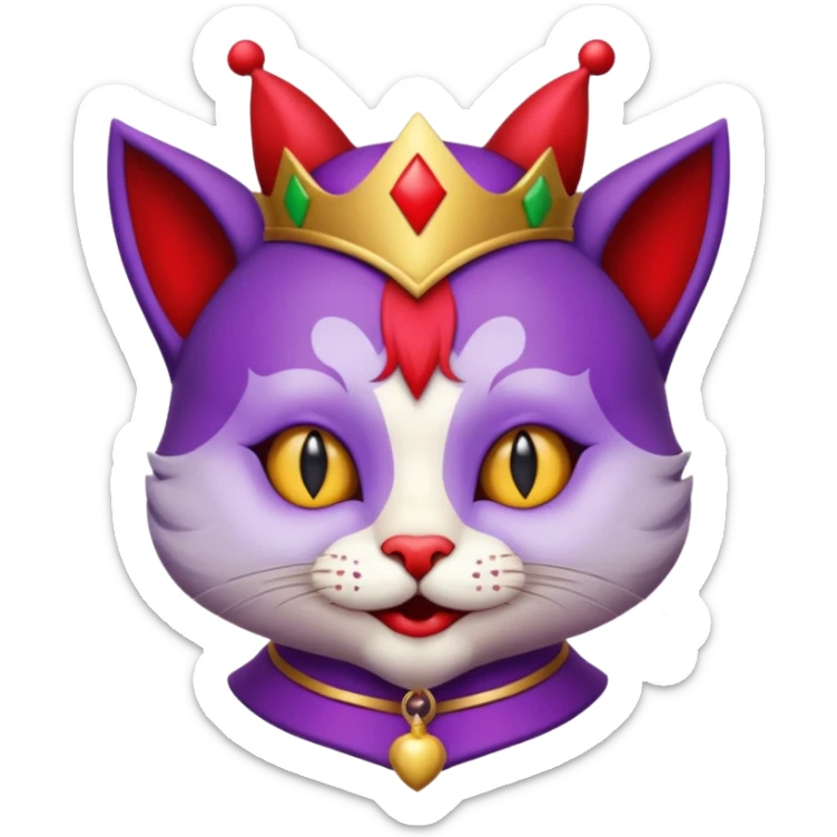 crazy colorful cute little cat jolly joker from poker, medieval, vintage, court jester, mac os icon, purple and red color, gold inserts, half body sticker