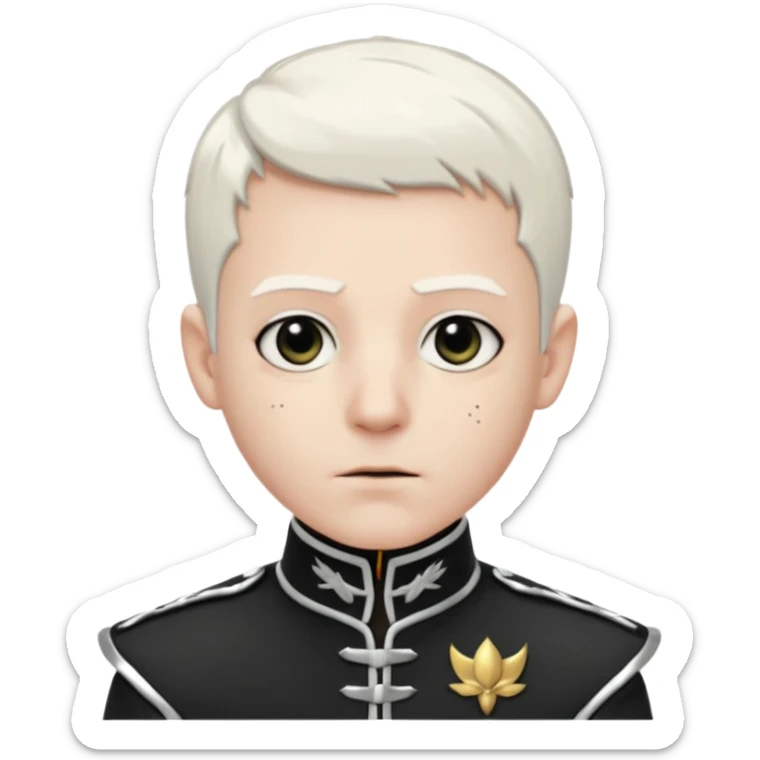 Head and shoulders emoji of a pale man with short white hair, wearing a black marching band jacket with silver trim. black eyeliner. Expression stoic, commanding, and theatrical, heroic emo style sticker