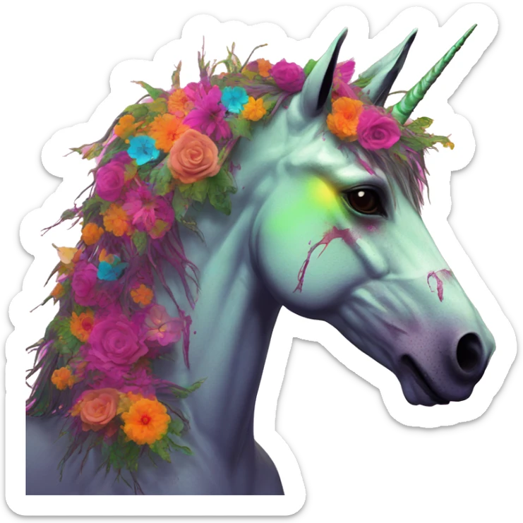 Zombie Pegasus unicorn psychedelic flowers floral groovy art neon rave raving sticker