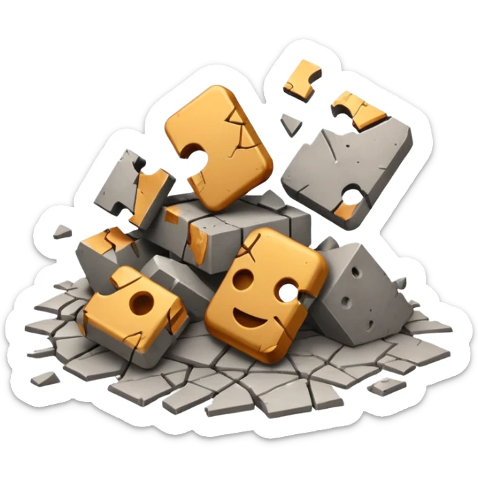 3D iPhone style emoji of debris and ruins, broken pieces of concrete and metal scattered, chaotic structure, isolated on white background, soft shadows, high detail, playful and cute. sticker
