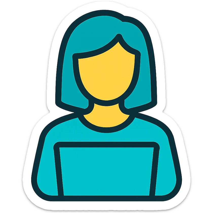 Icon style illustration of a teal woman at a laptop, minimal design, with a slightly larger head, matching the reference image. sticker
