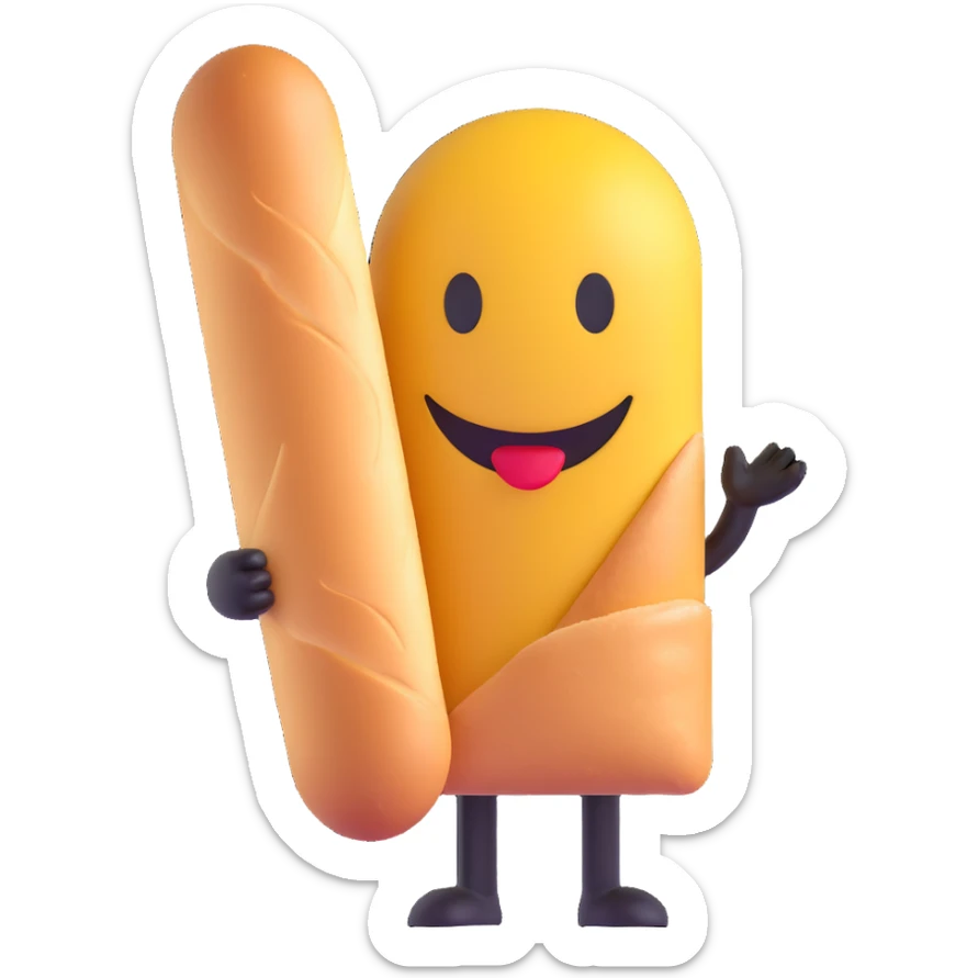smiley face with baguette, 3D emoji style, no background, for a French memecoin Discord server French Cabal sticker