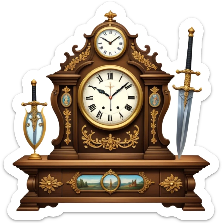 Icon for Antiques Collecting: a vintage clock, intricately carved furniture, famous paintings, antique swords, and rifles. The items are displayed on a wooden table or shelf. The icon should evoke the rich history and craftsmanship of antique collecting. Transparent background. sticker