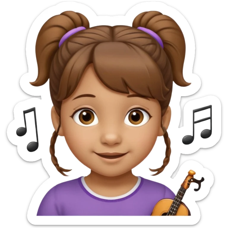 Niña de 4 años con ojos marrones claros, pelo castaño claro con dos moños altos y pelitos sueltos a modo de flequillo, nariz chata y risueña. Con nota musical sticker
