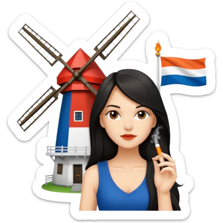 Windmill with on top ot the building a dutch flag and a white girl with dark long hair smoking a joint sticker