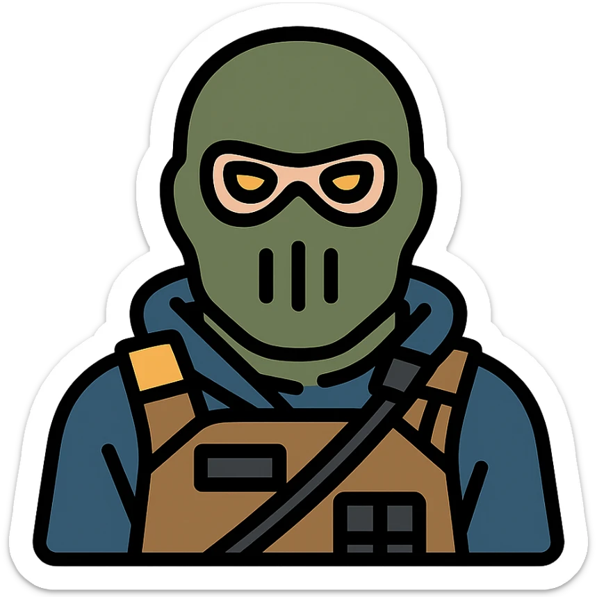 Konig from Call of Duty as a stylized icon, emphasizing his signature mask and tactical gear, neutral background sticker