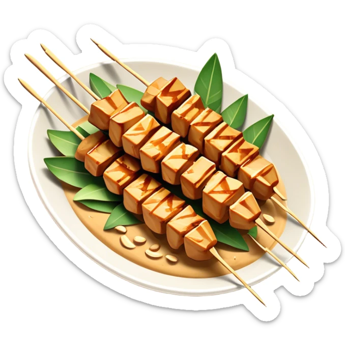 Cinematic Realistic Indonesian Chicken Satay Dish Emoji, depicted as succulent, marinated chicken skewers grilled to perfection with a subtle char, drizzled generously with a rich, creamy peanut sauce that glistens under warm, natural lighting. The vibrant textures of the tender meat and smooth, spicy sauce evoke the authentic flavors of Indonesian street food, rendered with lifelike detail and dynamic, appetizing lighting. sticker