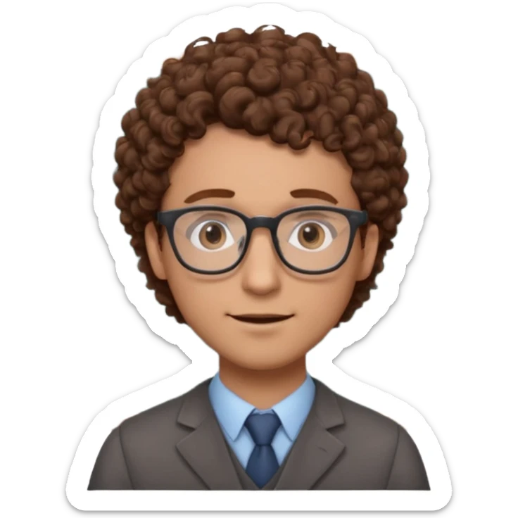 Please could you generate an emoji of a male teacher with brown curly hair and glasses stood infront of a chalkboard  sticker