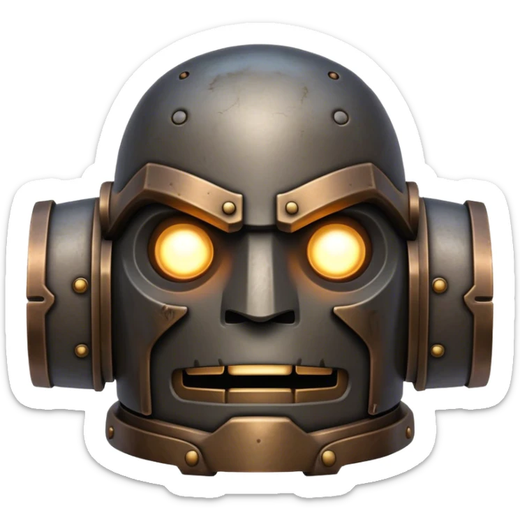 Cinematic Noble Mighty Iron Golem Portrait Emoji Poised and imposing, with a towering, metallic form forged from intricately detailed plates of burnished steel and ancient bronze, etched with faint traces of runes and weathered marks of time. Its piercing, glowing eyes radiate unwavering resolve, casting a solemn and commanding presence; rendered with lifelike texture and natural metallic highlights, high shine, elegant yet indomitable, styled with an aura of legendary endurance, focused and resolute, soft glowing outline, capturing the essence of an eternal guardian, standing vigilant and immovable as if ready to awaken at any moment with unstoppable might! sticker
