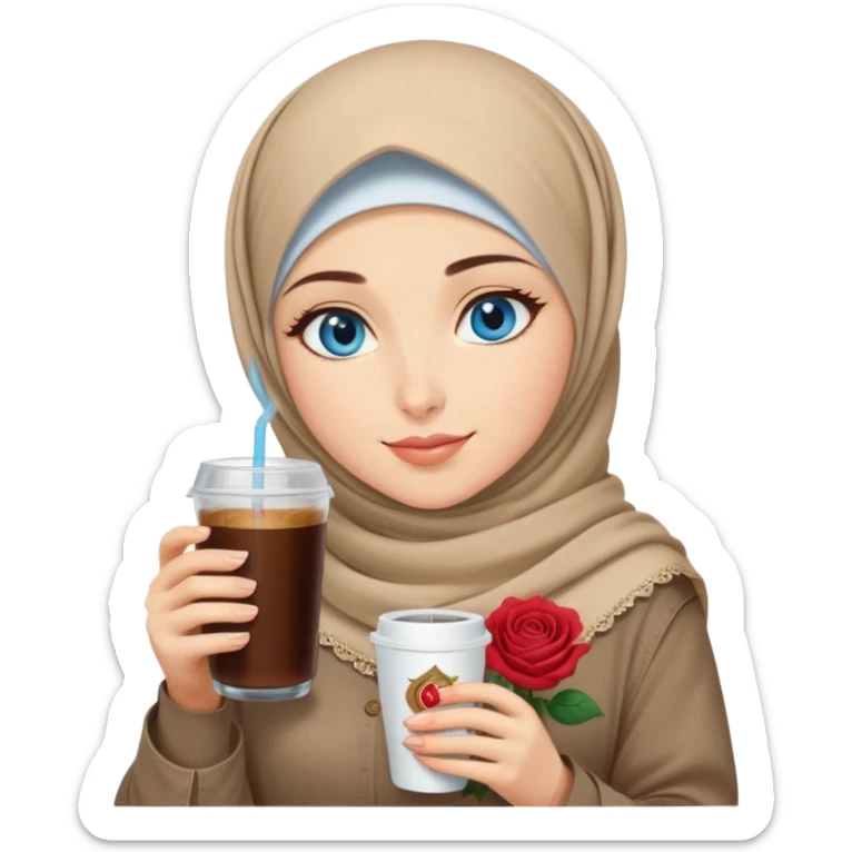 Turkish beautiful finish Konya girl blue eyes with beige denim hijab islamic dress and had on her hand Rose Cold brew coffee   sticker
