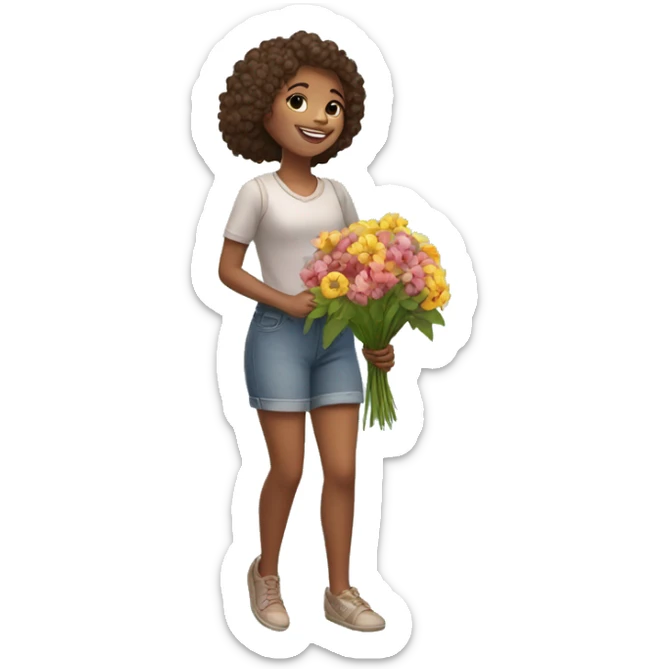 Girl with legs standing in joyful manner with bouquet of flowers sticker