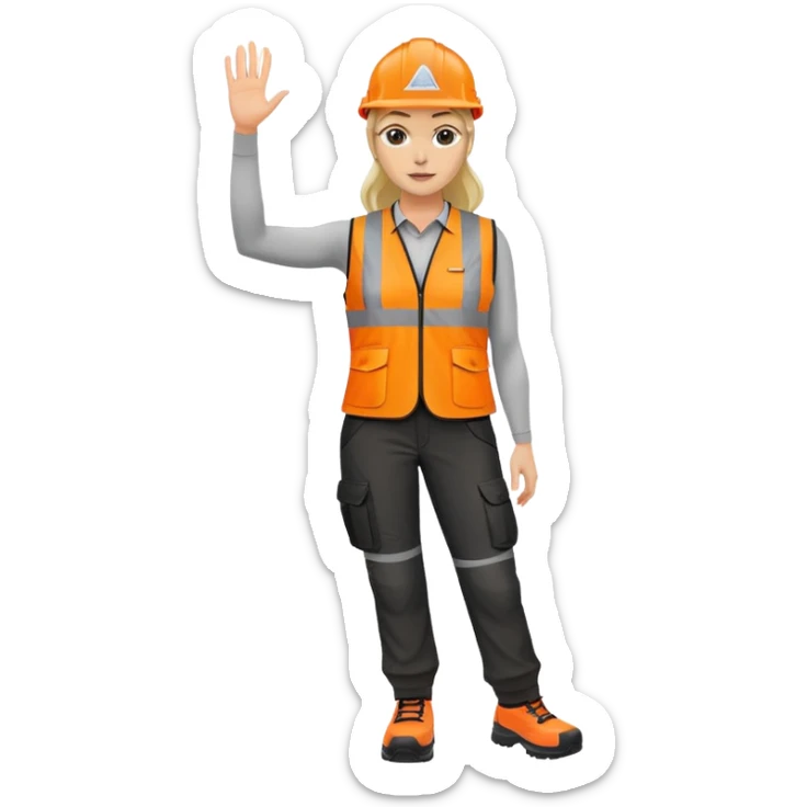 female, orange, hi-vis vest, dark trousers, no helmet, shoes, hand raised sticker