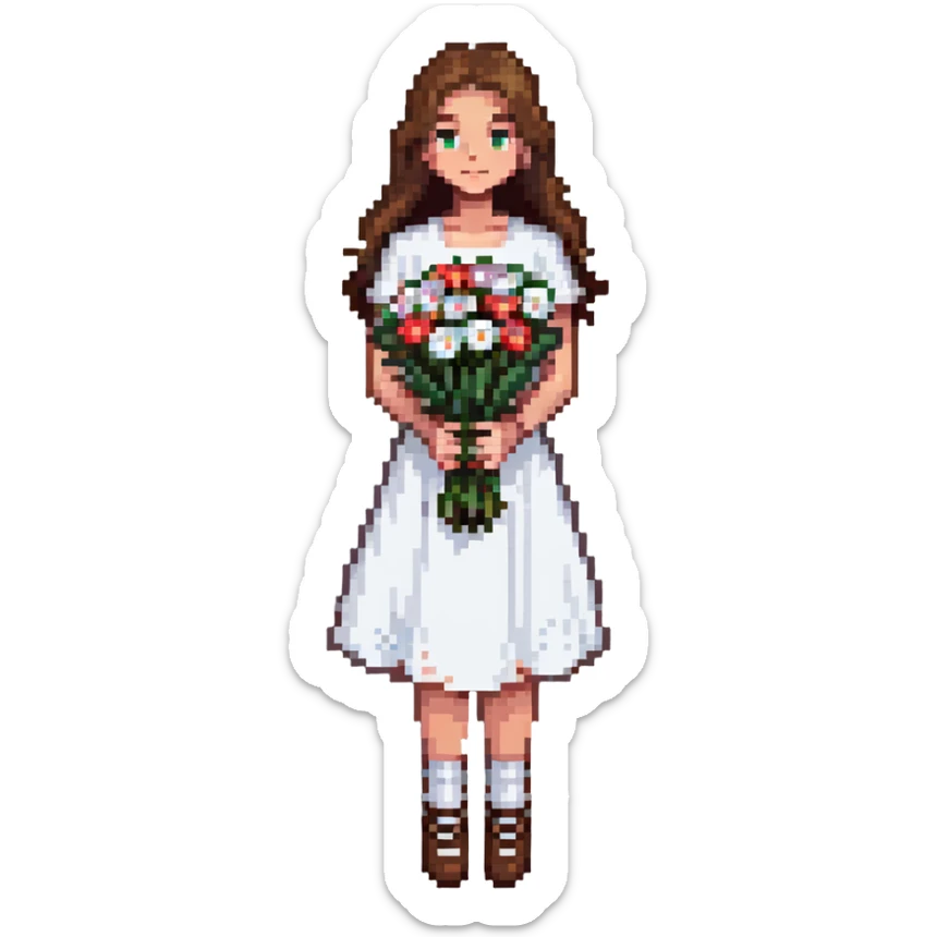 girl with brown hair wearing a white skirt holding a bouquet of flowers sticker