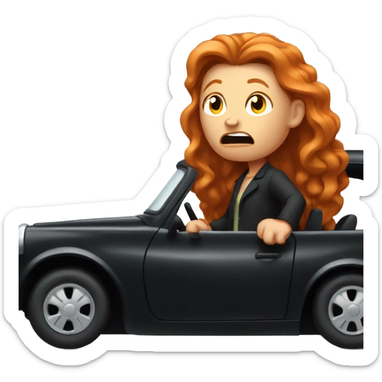 An angry ginger  woman with long ginger hair in a small old black car  sticker