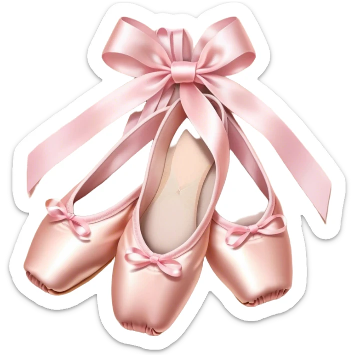 Cinematic Realistic Ballet Shoes, soft satin pink pointe shoes with delicate ribbons, resting gently on a polished wooden floor, subtle creases in the fabric, glowing under the warm golden light of a rehearsal studio, evoking elegance and grace. sticker