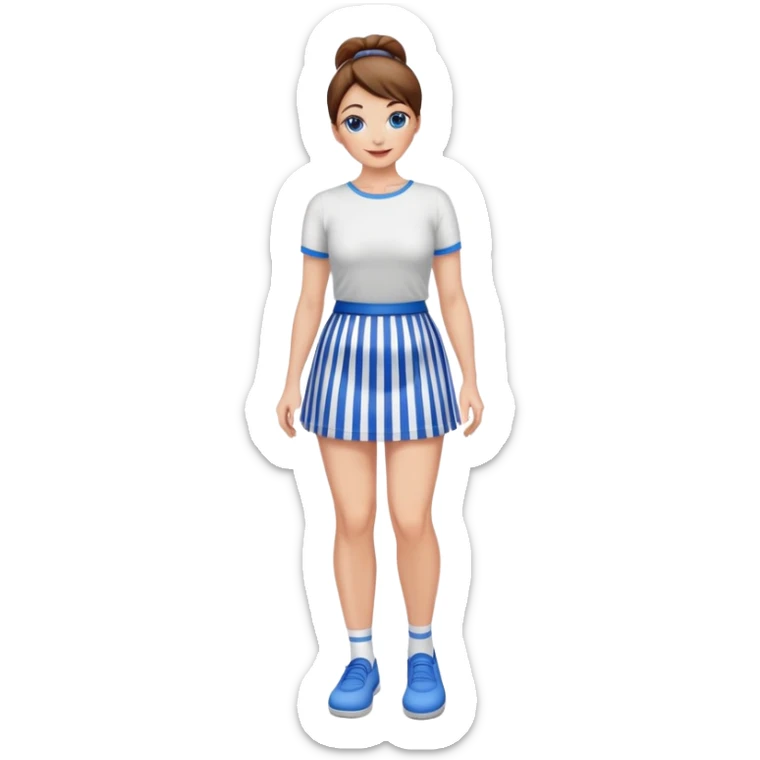 Pretty 50-year-old woman with 1 miniskirt that is blue and white striped brown hair in bun blue eyes and pretty legs sticker