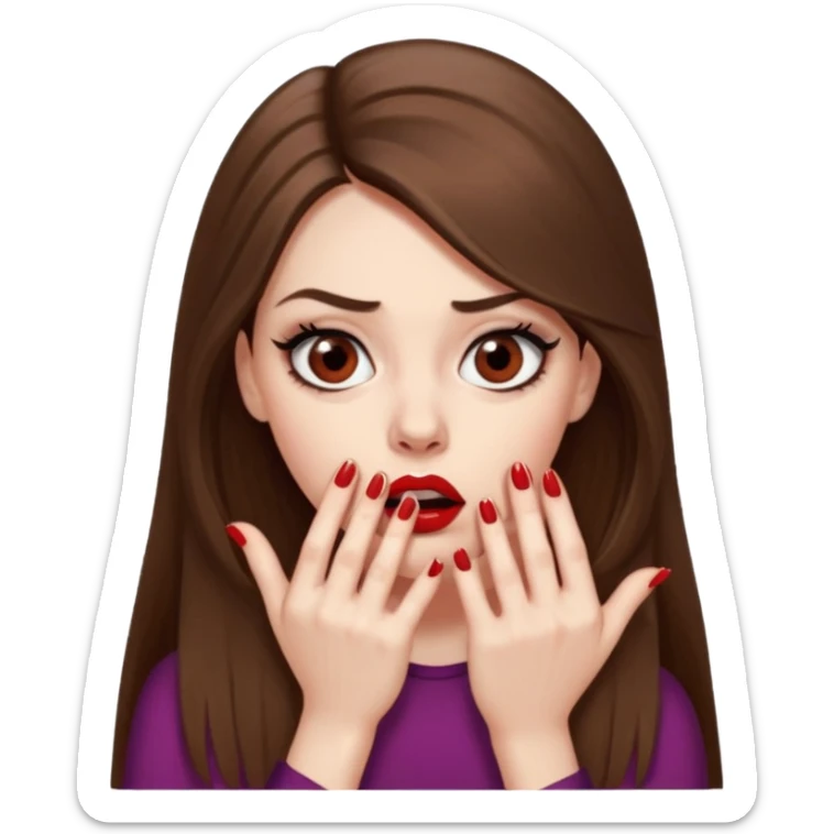 A girl with long brown hair, eyeliner, long lashes, light brown eyes, pale skin and red lipstick biting her nails looking scared and very nervous. sticker