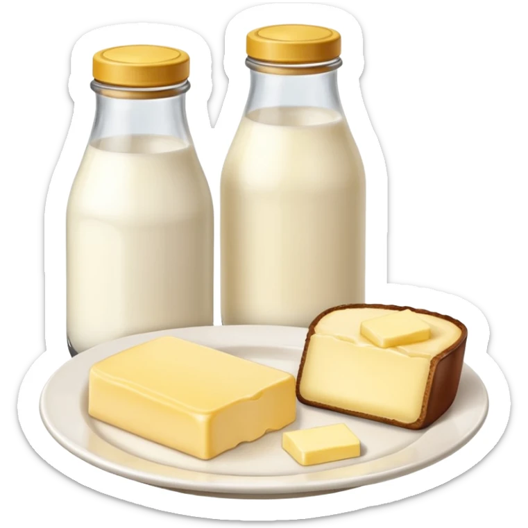 A one bottle of milk with a brown cap on the right and a piece of butter on a plate on the left sticker