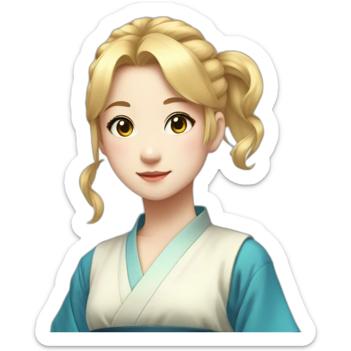 Japanese anime-inspired young girl with radiant golden blonde hair tied in a ponytail and mesmerizing azure eyes sticker