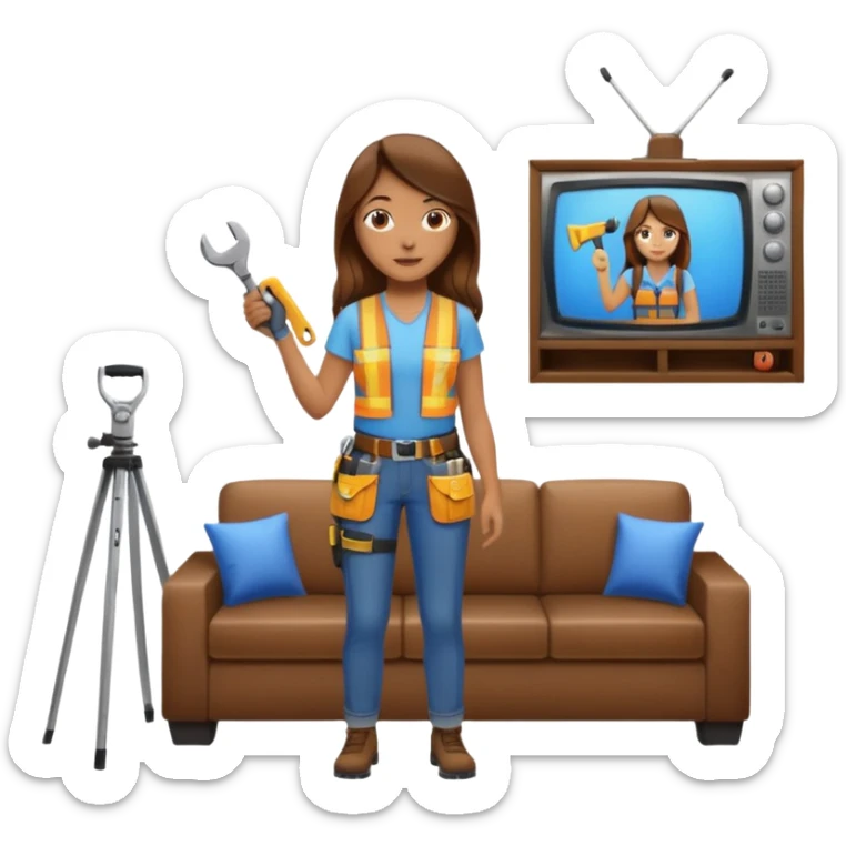 beautiful girl with long brown hair constructing new lounge room area with tv and couch sticker