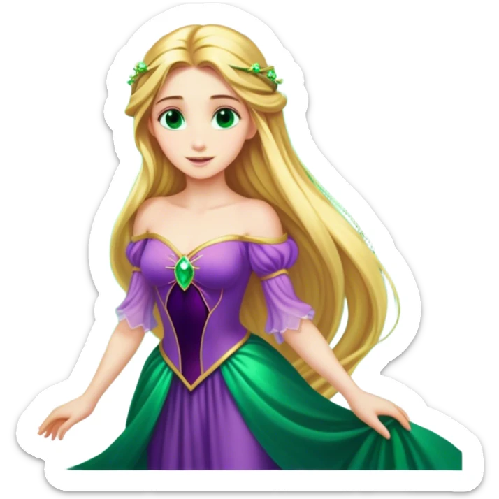 Cinematic Stunning Rapunzel Portrait Emoji, Golden hair cascading in a luminous waterfall, big emerald-green eyes full of wonder, wearing her iconic purple gown, radiating beauty and magic, glowing with fairy-tale charm! sticker